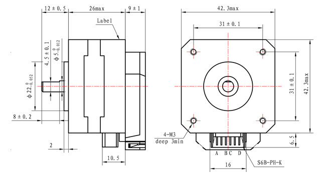 42×42×26mm Stepper Motor dimensional specifications