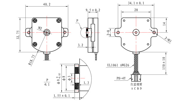 NEMA 11 stepper motor dimensional diagram showing 28×28×9.5mm ultraflat design